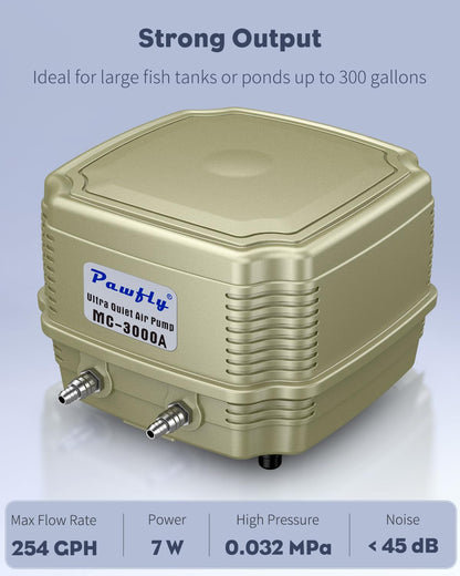 Pawfly Aquarium Air Pump 254 GPH Dual Outlets Fish Tank Air Pump for Tanks up to 300 Gallons Adjustable Quiet Oxygen Pump Fish Tank Aerator with Airline Tubing and Check Valves