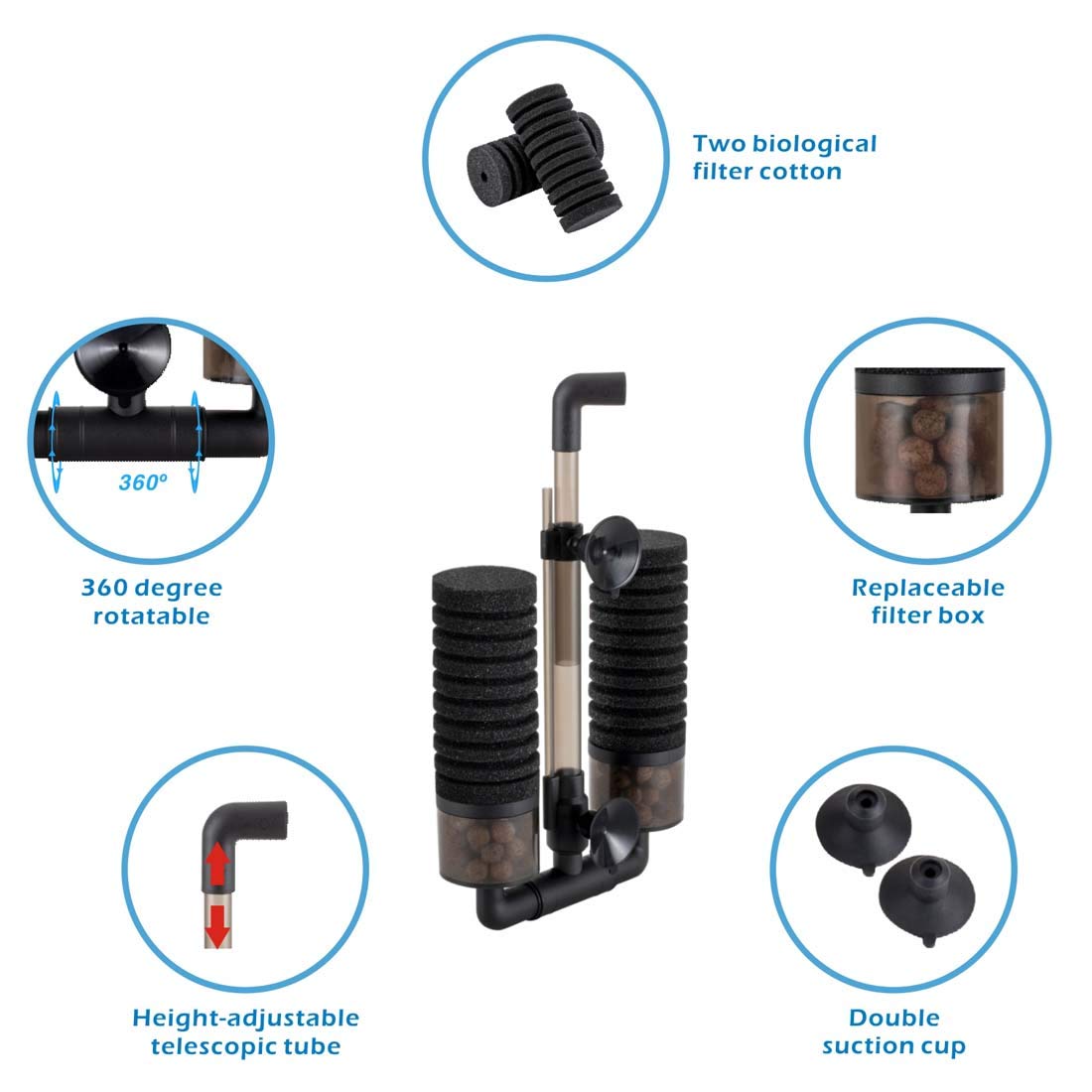 hygger Sponge Filter, Aquarium Filter Double Sponge Replaceable Media with 4 Biochemical Sponges and 1 Bag of Filtered Ceramic Balls Ultra Quiet Filter Fish Tank (S/M)