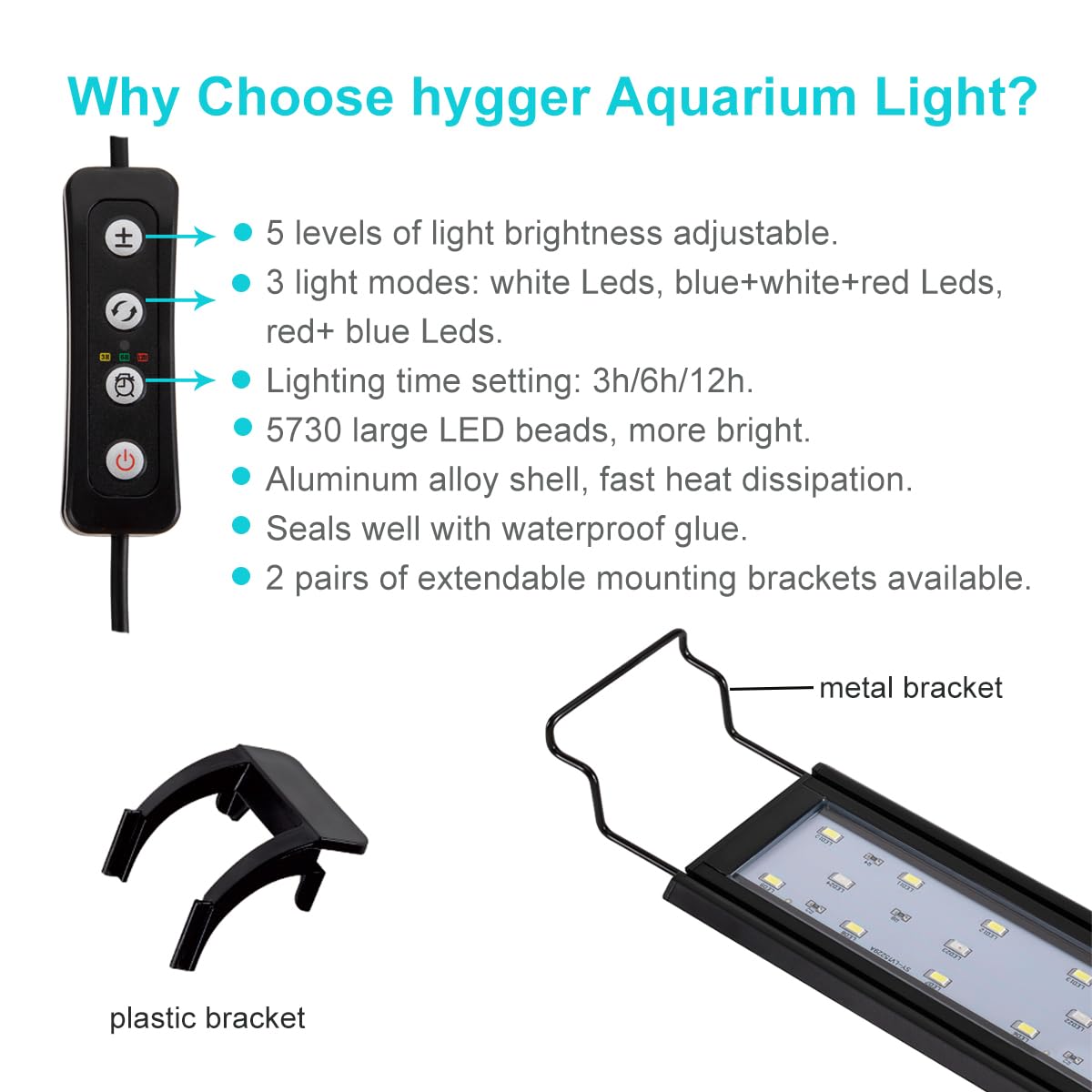 hygger 16W Full Spectrum Aquarium Light with Aluminum Alloy Shell Extendable Brackets