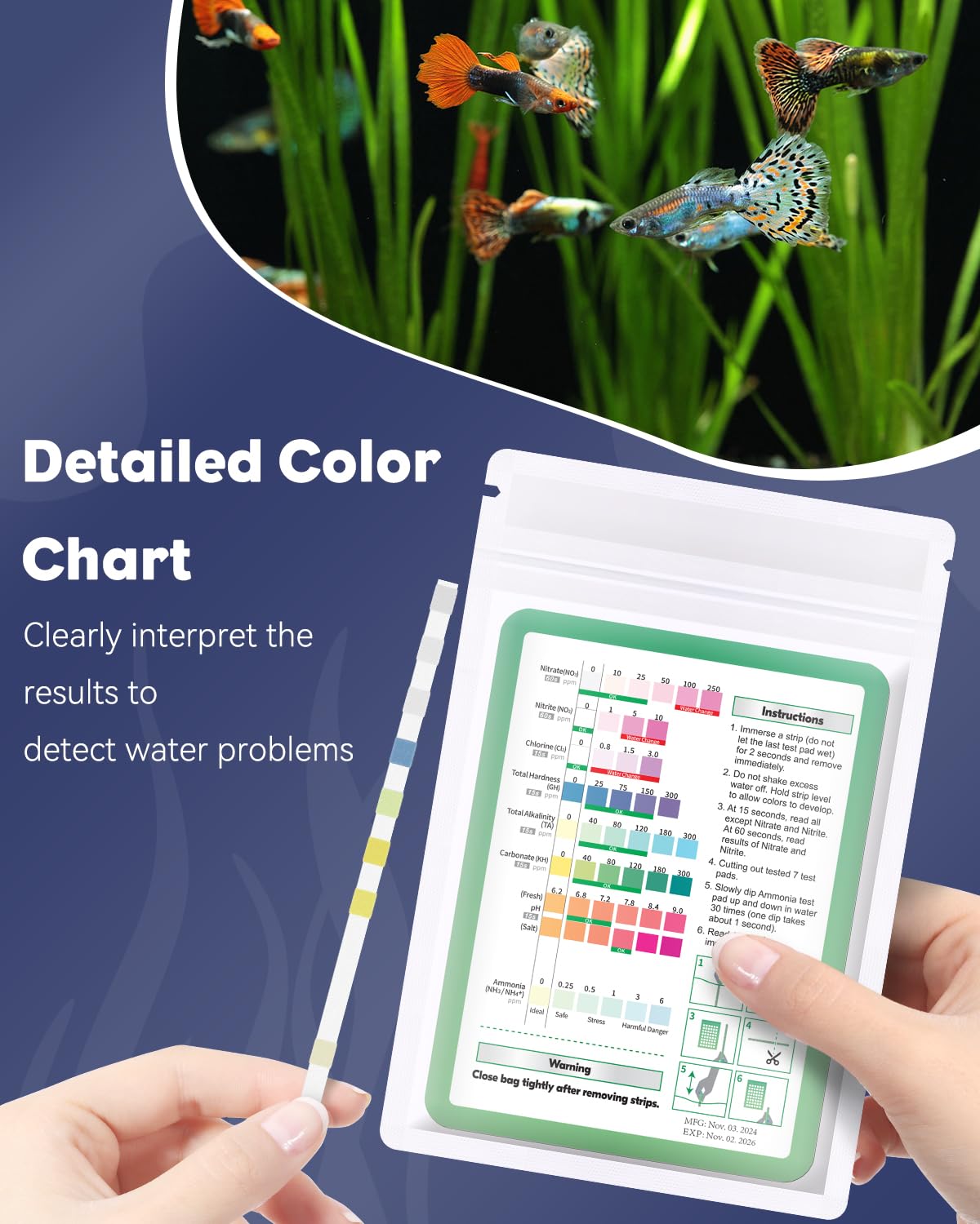 Pawfly 8 in 1 Aquarium Test Strips for pH Chlorine Nitrate Carbonate Hardness Total Alkalinity & Ammonia Water Quality Freshwater Saltwater Test Kit, 50 Strips Fish Tank Water Testing kit