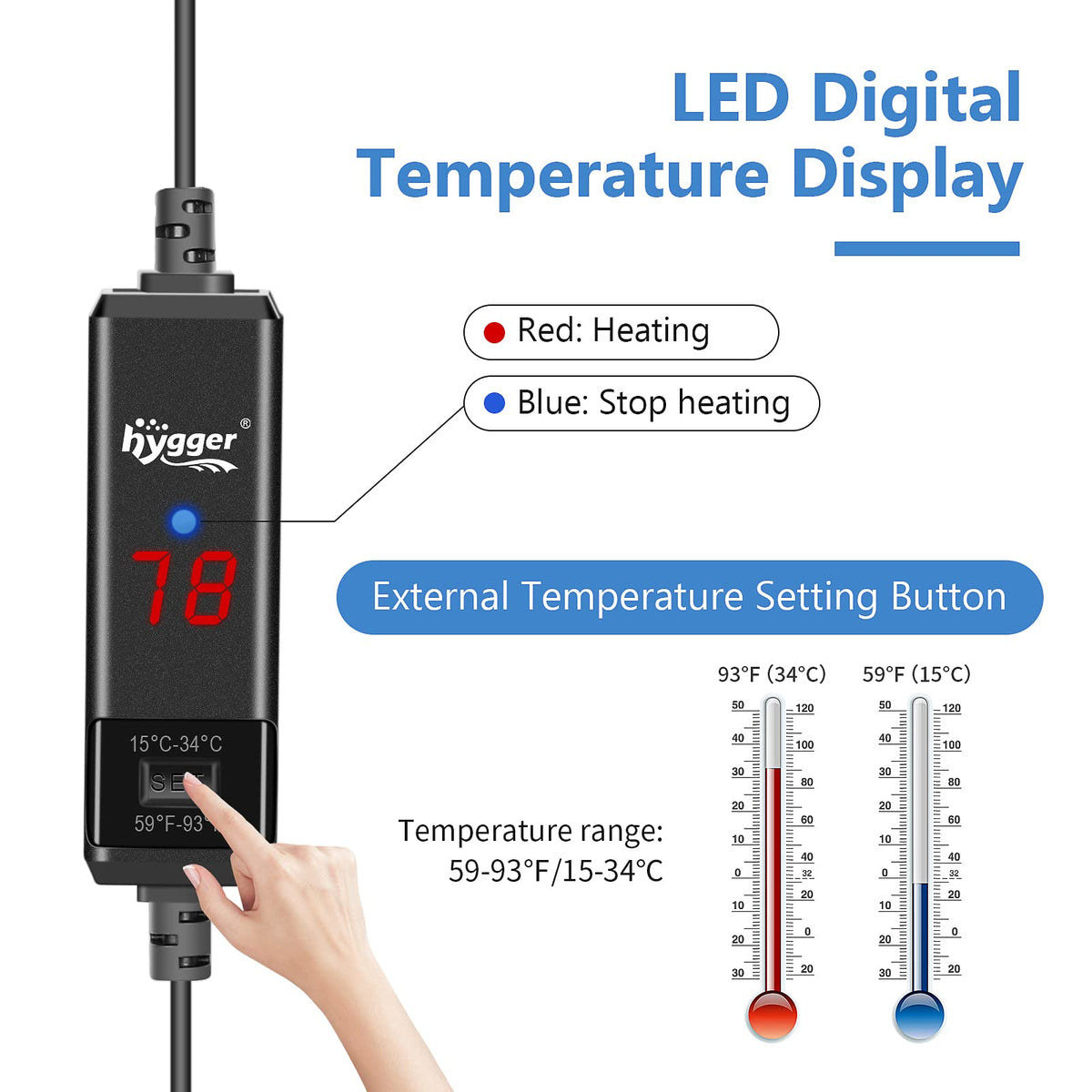 hygger Small Aquarium Betta Heater, Submersible Fish Tank Heater 10W/25W/50W/100W with LED Digital Display, Suitable for Marine Saltwater and Freshwater up to 5/10/16/26 Gallon