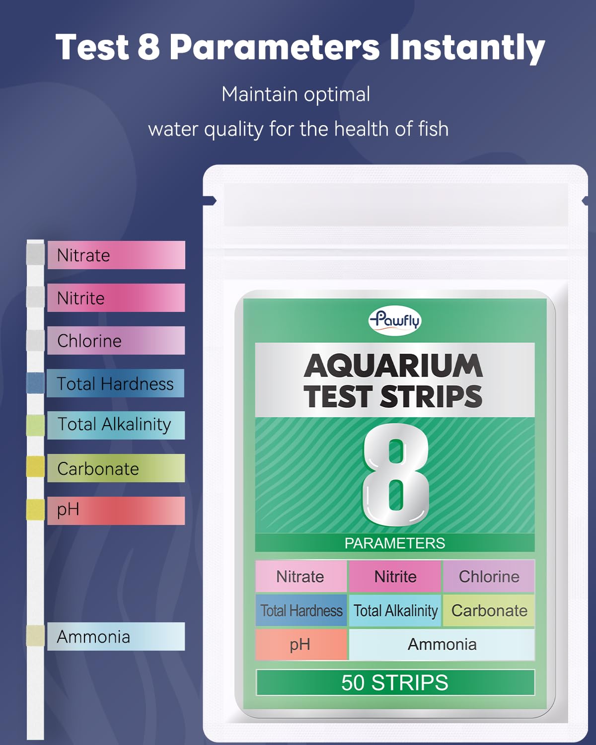 Pawfly 8 in 1 Aquarium Test Strips for pH Chlorine Nitrate Carbonate Hardness Total Alkalinity & Ammonia Water Quality Freshwater Saltwater Test Kit, 50 Strips Fish Tank Water Testing kit