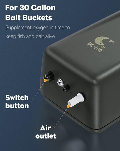 Pawfly Outdoor Live Bait Aerator 40 GPH Battery Air Pump for 30 Gallon Bait Bucket Portable Battery Powered Oxygen Pump for Fishing, Battery Not Included (Air Stone & Airline Tubing Inside Pump Body)