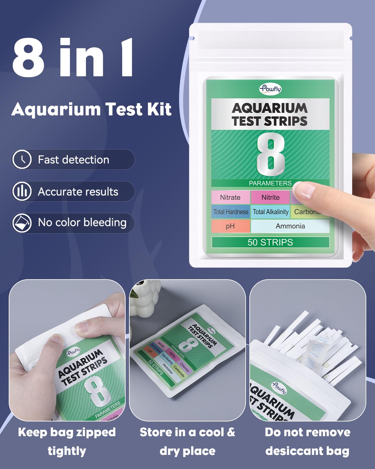 Pawfly 8 in 1 Aquarium Test Strips for pH Chlorine Nitrate Carbonate Hardness Total Alkalinity & Ammonia Water Quality Freshwater Saltwater Test Kit, 50 Strips Fish Tank Water Testing kit