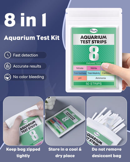 Pawfly 8 in 1 Aquarium Test Strips for pH Chlorine Nitrate Carbonate Hardness Total Alkalinity & Ammonia Water Quality Freshwater Saltwater Test Kit, 50 Strips Fish Tank Water Testing kit