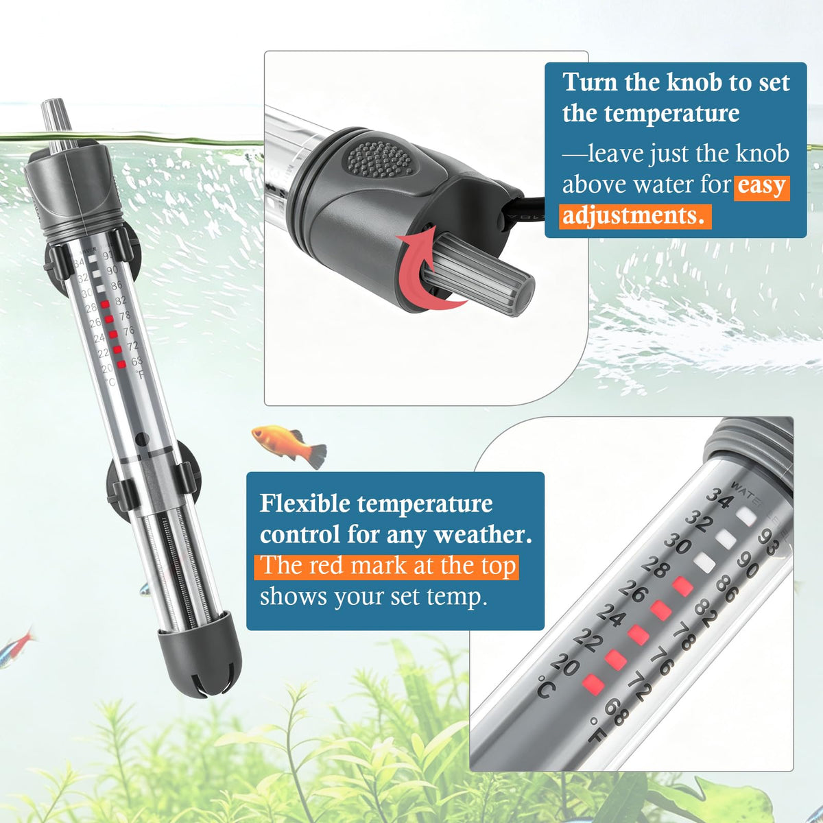 HITOP 25W Adjustable Aquarium Heater, Submersible Fish Tank Heater Thermostat with Suction Cups for 5-10Gal