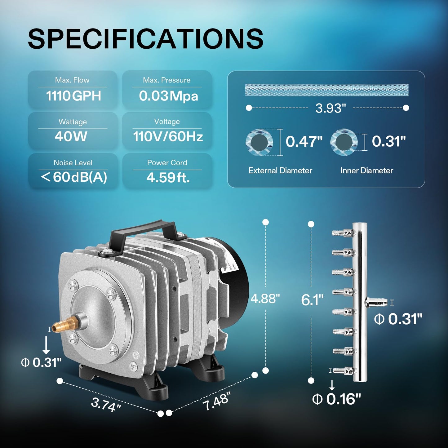 VIVOSUN 1110GPH Aquarium Air Pump Commercial Air Pump with Aluminum Housing