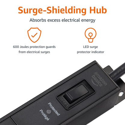 Amazon Basics Surge Protector Power Strip, 16-Outlet, Heavy Duty, Metal, 600 Joules, 6ft Extension Cord, Wide Spaced, Mountable, Black