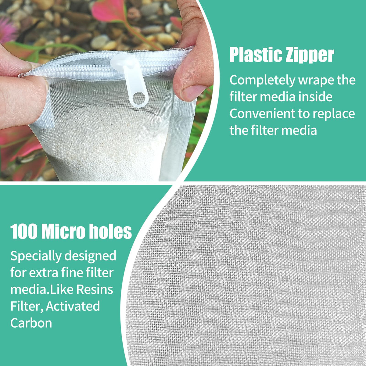 AQUANEAT Aquarium Filter Media Bags 15pcs Fish Tank Extra Fine 100 Micron Mesh Bags with Plastic Zipper for Activated Carbon (3" x 8")