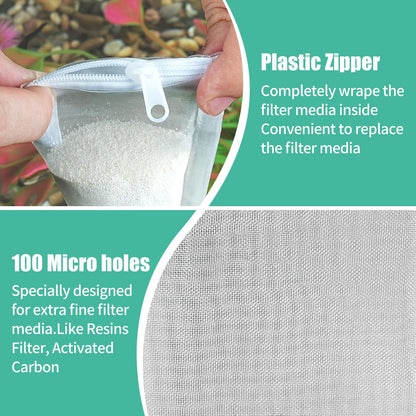 AQUANEAT Aquarium Filter Media Bags 15pcs Fish Tank Extra Fine 100 Micron Mesh Bags with Plastic Zipper for Activated Carbon (3" x 8")