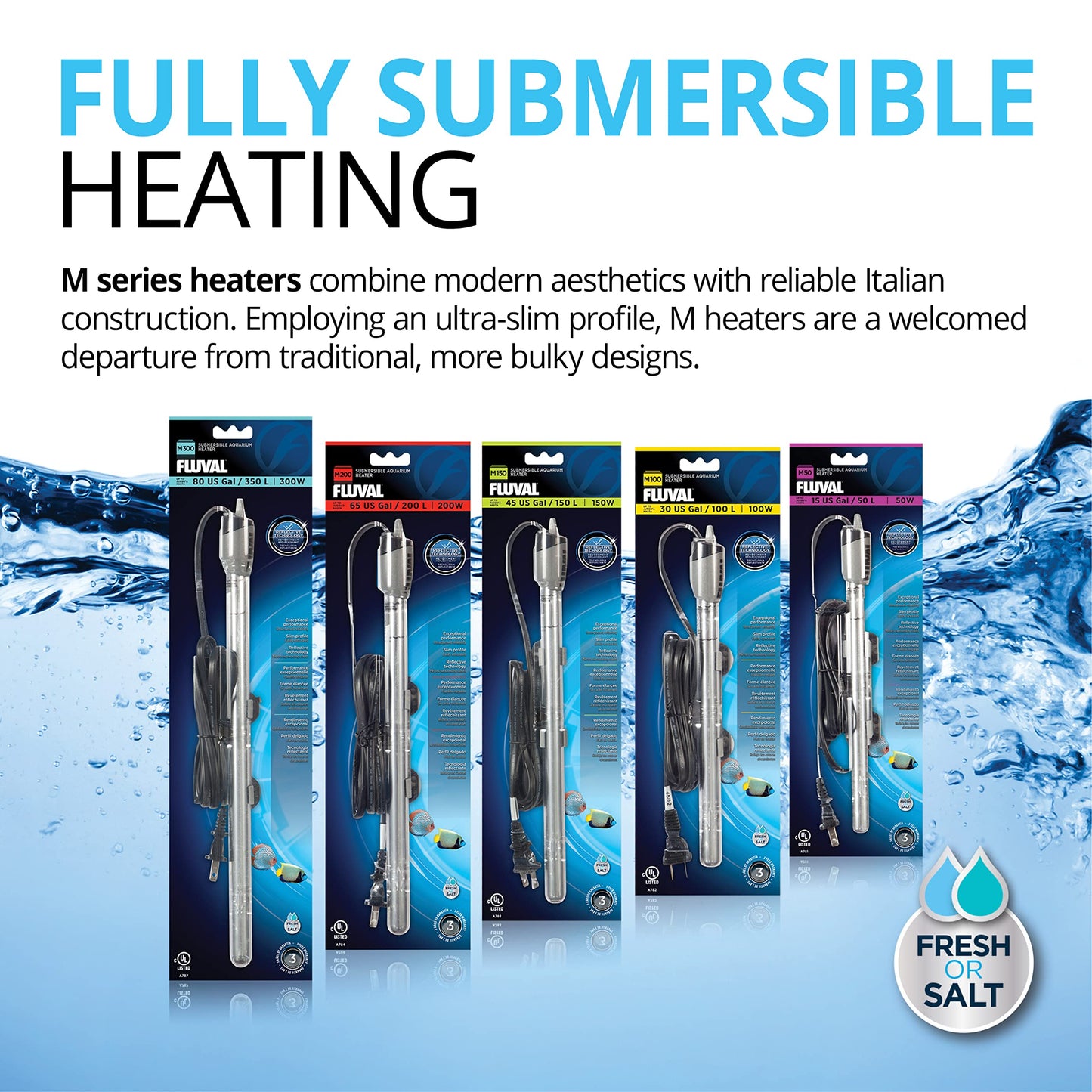 Fluval M 50-Watt Submersible Aquarium Heater for Fresh & Saltwater Tanks